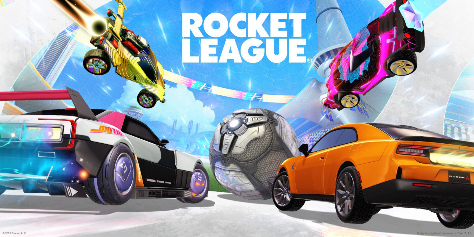 RocketLeague An image (button) with the words "Rocket League" above four vehicles driving towards a ball.